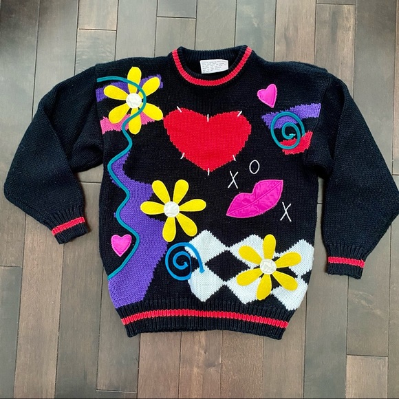 Vintage 80s Bold Funky Embellished Sweater - Picture 2 of 9